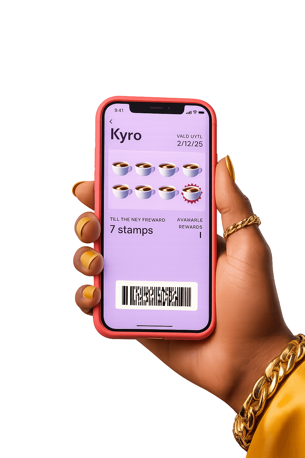 Hand holding smartphone showing Kyro digital loyalty card